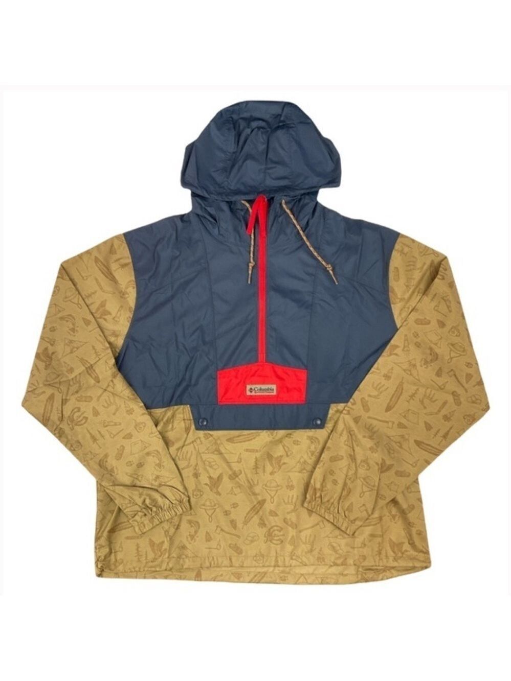 RARE Columbia Retro Kangaroo Pouch Windbreaker Jacket w Camp Pattern Mens Sm
